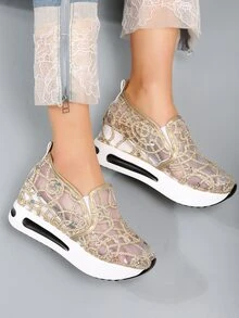 女士亮片裝飾運動戶外網紗坡跟運動鞋