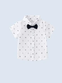 Baby Boy Anchor Print Bow Front Shirt & Pinafore Shorts - Blue and White - View 4