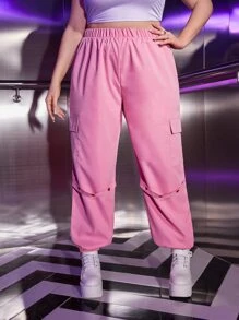 ROMWE Kawaii Plus Flap Pocket Side Cargo Pants - Pink - View 1