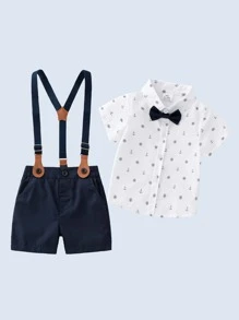 Baby Boy Anchor Print Bow Front Shirt & Pinafore Shorts - Blue and White - View 5