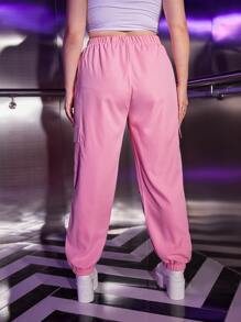 ROMWE Kawaii Plus Flap Pocket Side Cargo Pants - Pink - View 2