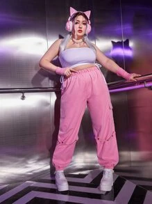 ROMWE Kawaii Plus Flap Pocket Side Cargo Pants - Pink - View 3