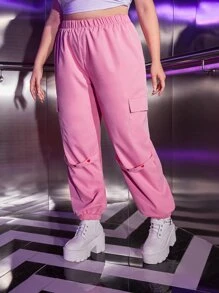ROMWE Kawaii Plus Flap Pocket Side Cargo Pants - Pink - View 4