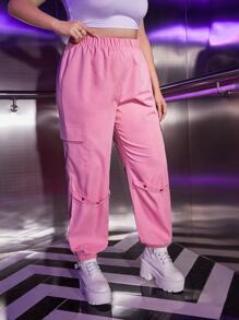 ROMWE Kawaii Plus Flap Pocket Side Cargo Pants - Pink - View 5