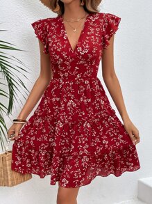 SHEIN WYWH Ditsy Floral Print Butterfly Sleeve Ruffle Hem Dress - Red - View 1