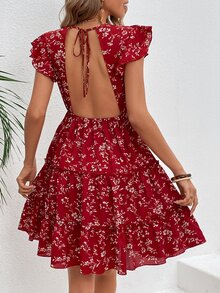 SHEIN WYWH Ditsy Floral Print Butterfly Sleeve Ruffle Hem Dress - Red - View 2
