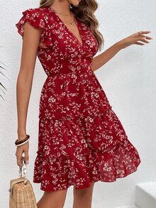 SHEIN WYWH Ditsy Floral Print Butterfly Sleeve Ruffle Hem Dress - Red - View 4