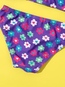 年轻女孩花卉印花荷叶边比基尼套装夏季海滩 - 紫色 - 查看 5