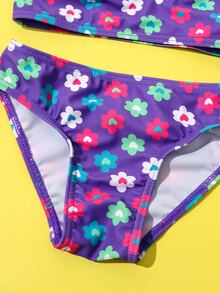 年轻女孩花卉印花荷叶边比基尼套装夏季海滩 - 紫色 - 查看 3