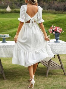 Breezaya 圓點方領抽褶細節泡泡袖荷葉邊連衣裙 - 白色 - 查看 2