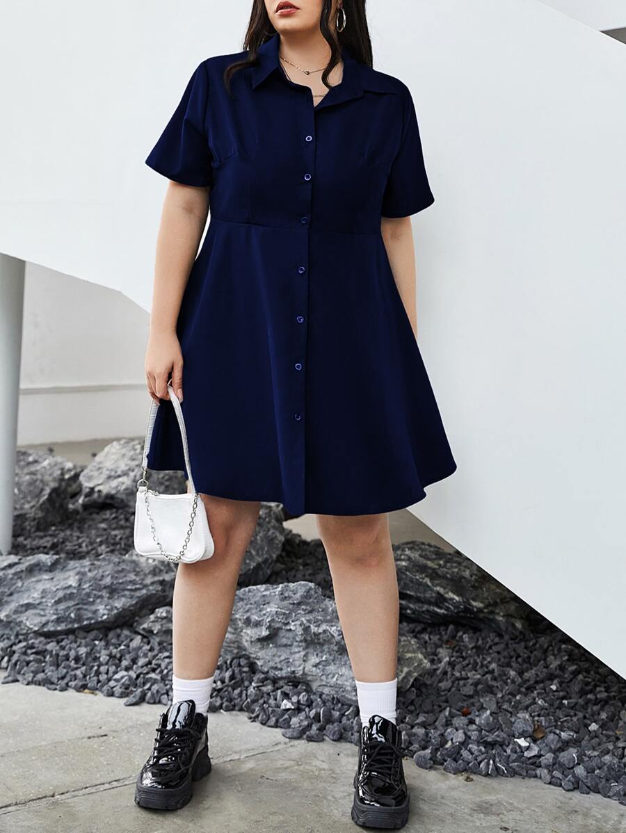 SHEIN EZwear Plus Solid Button Front Shirt Dress - Navy Blue - View 1