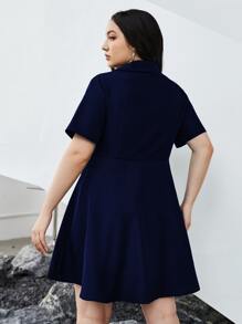 SHEIN EZwear Plus Solid Button Front Shirt Dress - Navy Blue - View 2
