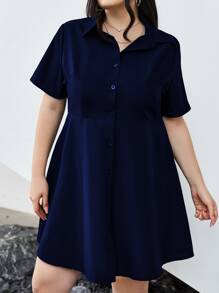 SHEIN EZwear Plus Solid Button Front Shirt Dress - Navy Blue - View 3
