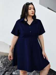 SHEIN EZwear Plus Solid Button Front Shirt Dress - Navy Blue - View 5