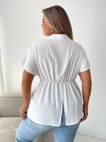 SHEIN Privé 大碼前扭結蝙蝠袖襯衫 - 白色 - 查看 2