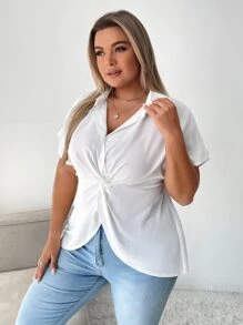 SHEIN Privé 大碼前扭結蝙蝠袖襯衫 - 白色 - 查看 3