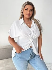 SHEIN Privé 大碼前扭結蝙蝠袖襯衫 - 白色 - 查看 4