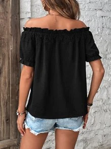 SHEIN LUNE Off Shoulder Frill Trim Puff Sleeve Blouse - Black - View 2