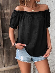 SHEIN LUNE Off Shoulder Frill Trim Puff Sleeve Blouse - Black - View 4
