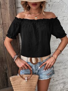 SHEIN LUNE Off Shoulder Frill Trim Puff Sleeve Blouse - Black - View 3