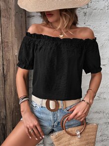 SHEIN LUNE Off Shoulder Frill Trim Puff Sleeve Blouse - Black - View 1