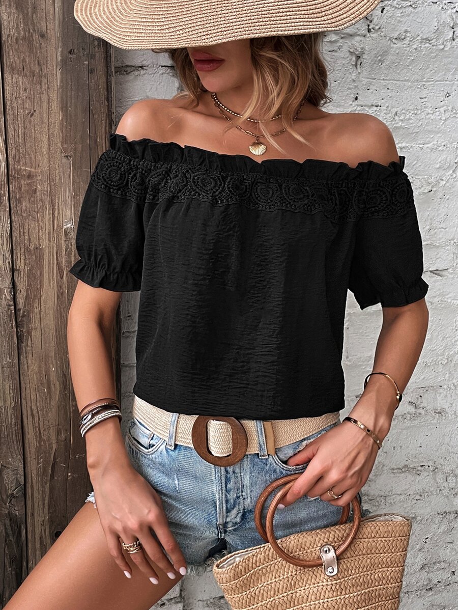 SHEIN LUNE Off Shoulder Frill Trim Puff Sleeve Blouse - Black - View 1