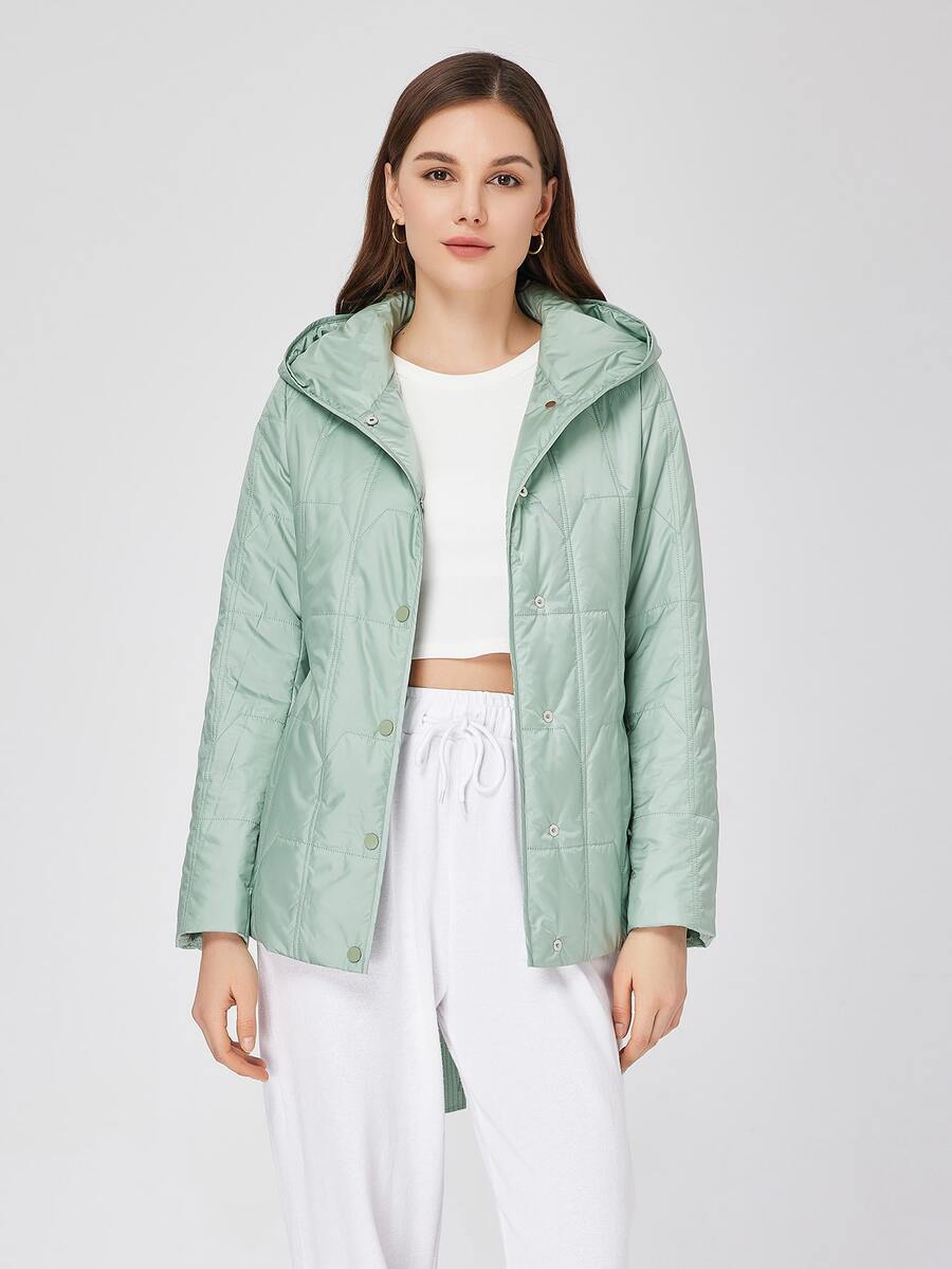 ZIAI Zip Up Hooded Quilted Coat - Green - View 1