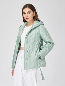 ZIAI Zip Up Hooded Quilted Coat - Green - View 3