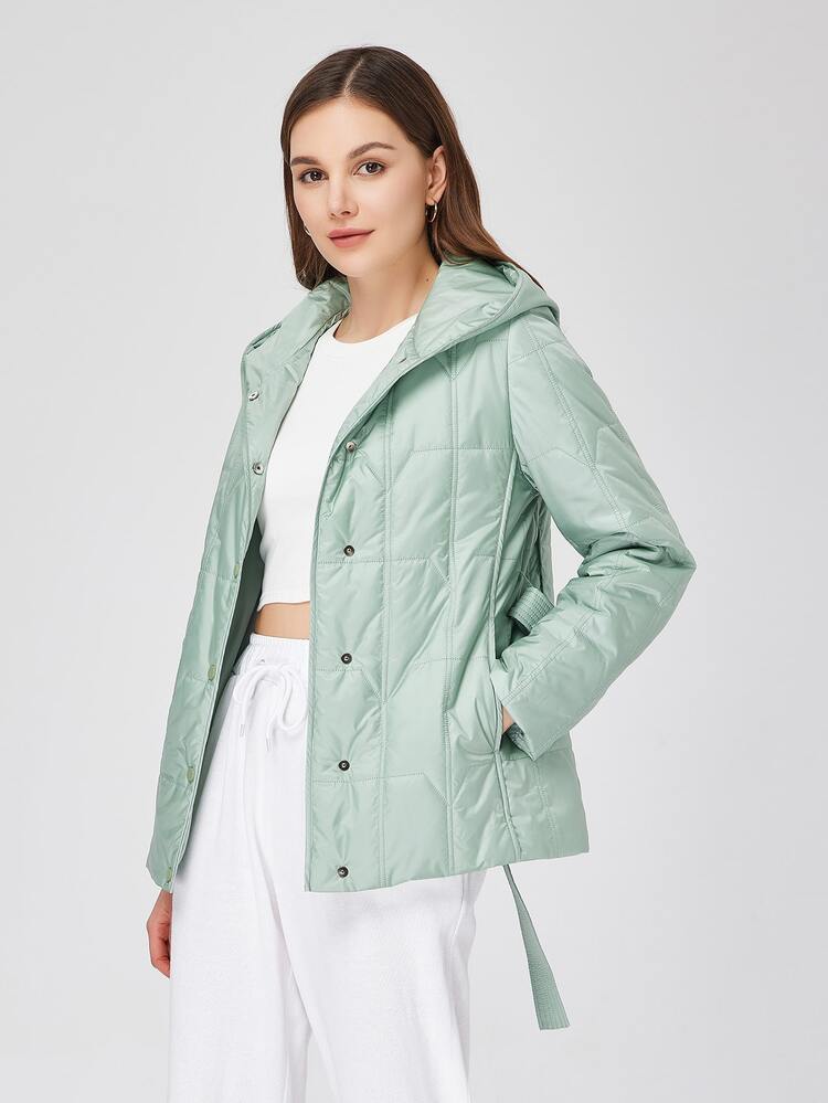 ZIAI Zip Up Hooded Quilted Coat - Green - View 3