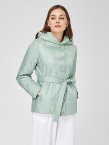 ZIAI Zip Up Hooded Quilted Coat - Green - View 4