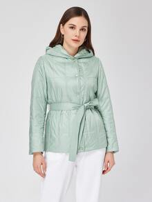 ZIAI Zip Up Hooded Quilted Coat - Green - View 5