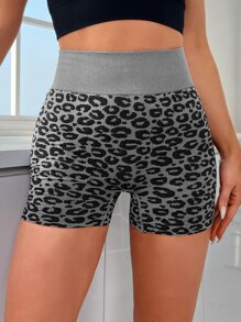 Yoga Trendy 豹紋印花寬腰帶運動短褲 - 灰色 - 查看 4