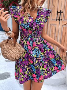 SHEIN VCAY 滿版印花荷葉邊連衣裙 - 彩色 - 查看 1