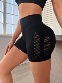 Yoga Sxy Quần Shorts Thể thao Nữ Cắt ra màu trơn - màu đen - Xem 1