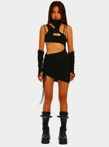 Cut Out Drawstring Side Bodycon Dress With Arm Sleeves - Black - View 1