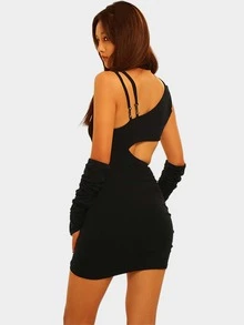 Cut Out Drawstring Side Bodycon Dress With Arm Sleeves - Black - View 2