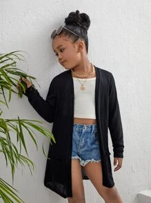 SHEIN Tween Girl Dual Pocket Cardigan - Black - View 1