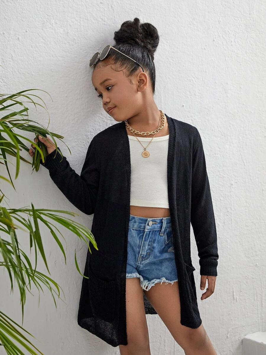 SHEIN Tween Girl Dual Pocket Cardigan - Black - View 1