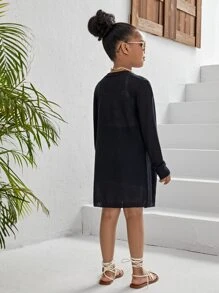 SHEIN Tween Girl Dual Pocket Cardigan - Black - View 2