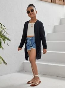 SHEIN Tween Girl Dual Pocket Cardigan - Black - View 3