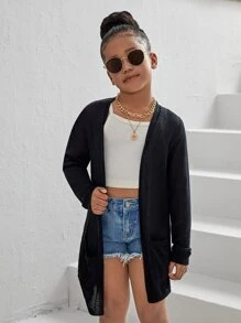 SHEIN Tween Girl Dual Pocket Cardigan - Black - View 5