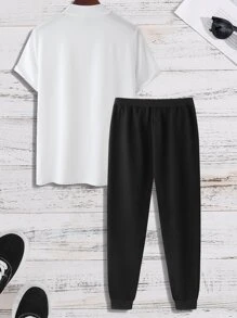 Manfinity Homme 男士休闲鸟印花 T 恤和抽绳腰运动裤，男友礼物， - 黑與白 - 查看 2