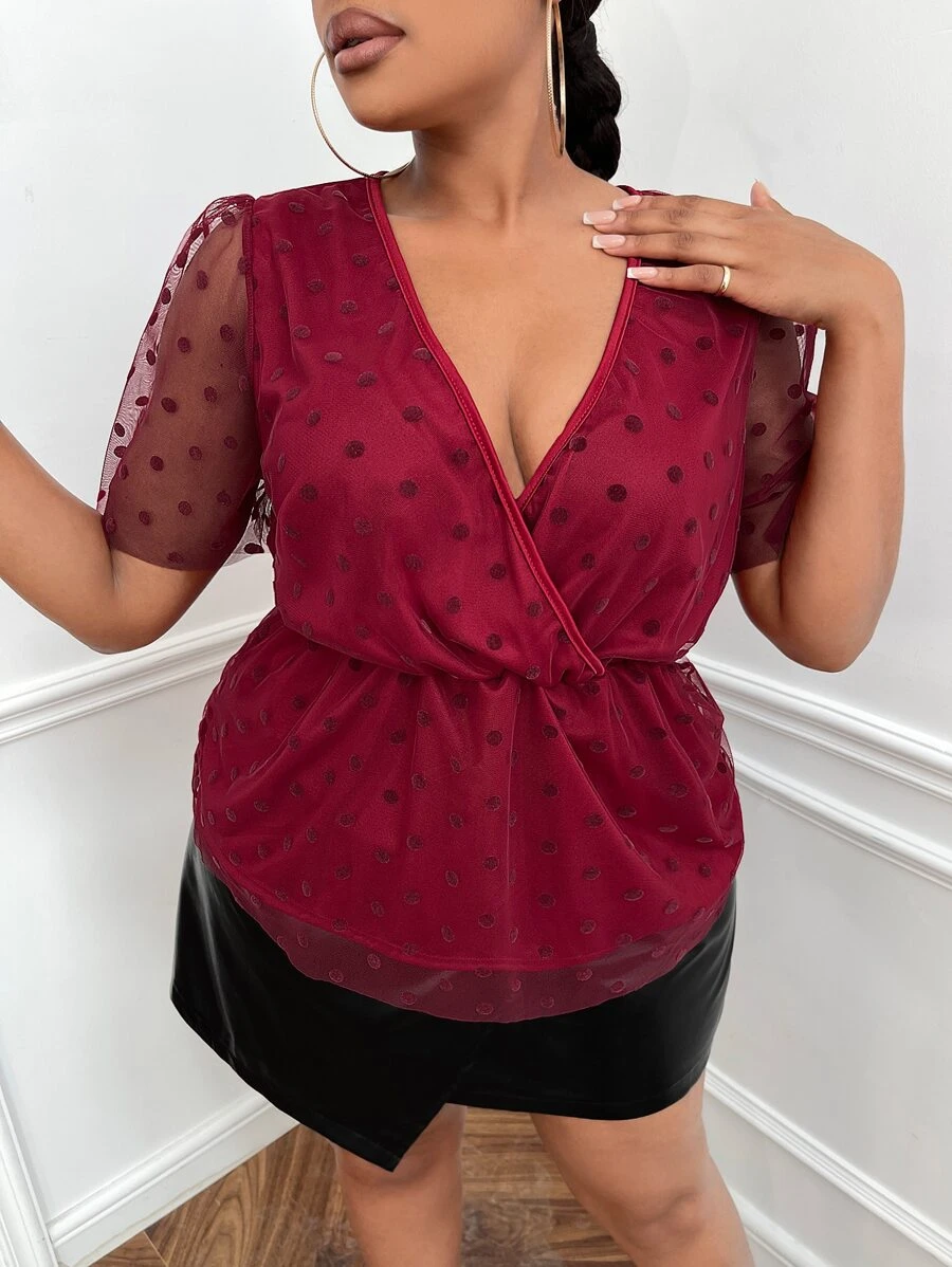 SHEIN SXY Plus Polka Dot Mesh Overlay Top - Burgundy - View 1