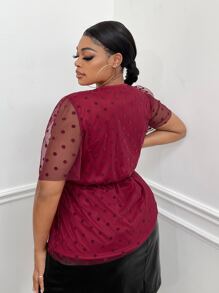 SHEIN SXY Plus Polka Dot Mesh Overlay Top - Burgundy - View 2