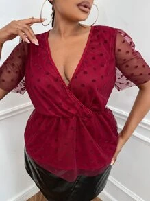 SHEIN SXY Plus Polka Dot Mesh Overlay Top - Burgundy - View 3