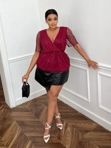 SHEIN SXY Plus Polka Dot Mesh Overlay Top - Burgundy - View 4