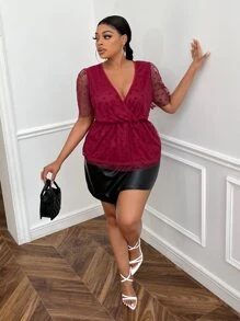 SHEIN SXY Plus Polka Dot Mesh Overlay Top - Burgundy - View 5