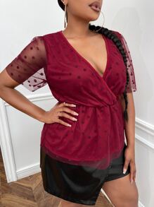 SHEIN SXY Plus Polka Dot Mesh Overlay Top - Burgundy - View 7
