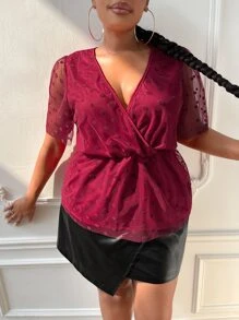 SHEIN SXY Plus Polka Dot Mesh Overlay Top - Burgundy - View 8