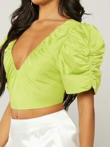 SHEIN VCAY Ruched Puff Sleeve Crop Top